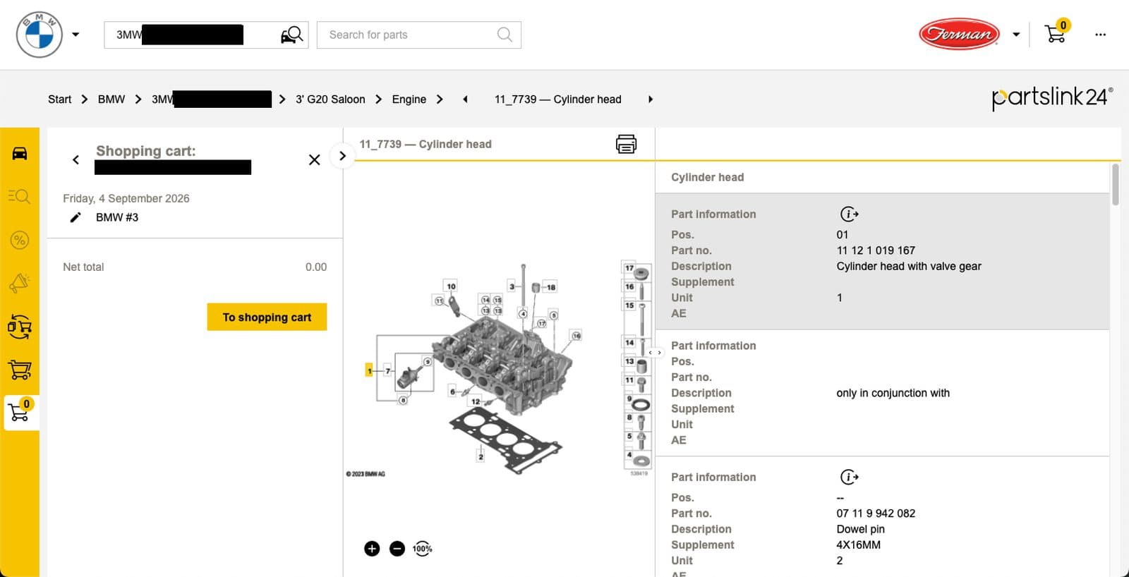 partslink24 catalog showing a BMW cylinder head diagram with part numbers
